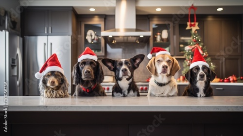 Five dogs celebrating Christmas holidays wearing red Santa Claus hat, reindeer antlers and red present ribbon kitchen on background.