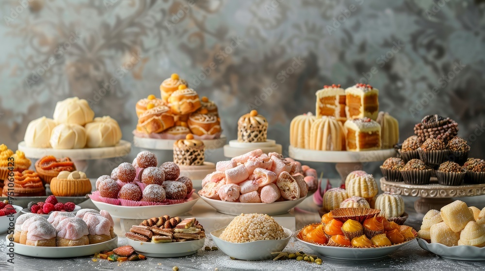 An array of traditional Ramadan sweets and pastries, artistically arranged against a soft, muted background, evoking the warmth and generosity of the month.