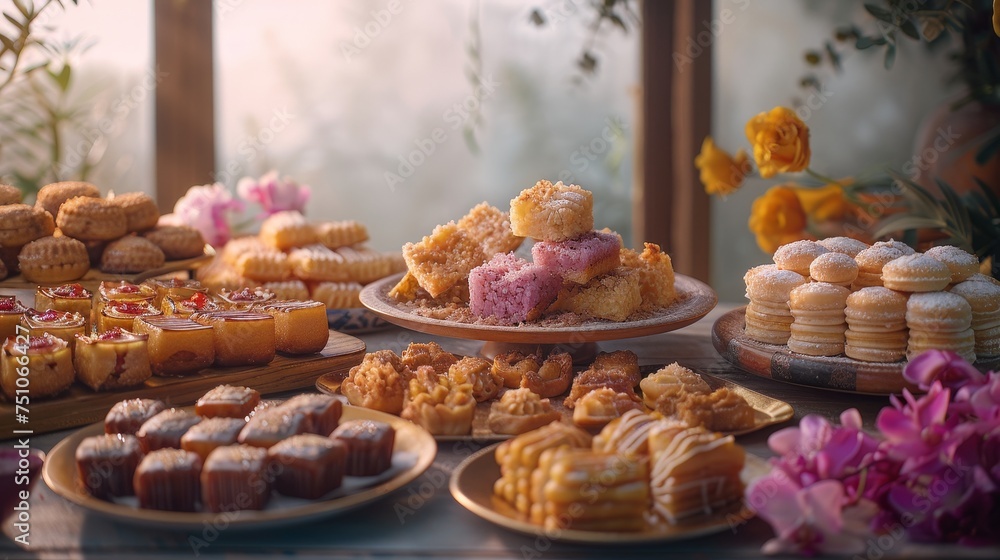 An array of traditional Ramadan sweets and pastries, artistically arranged against a soft, muted background, evoking the warmth and generosity of the month.