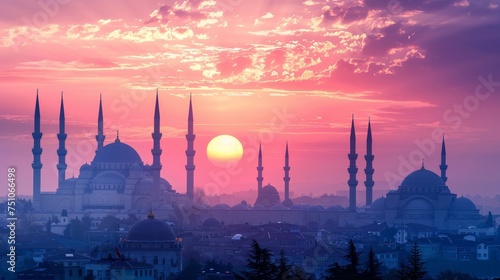 The city's skyline is graced with the silhouettes of mosques and minarets against a breathtaking sunset, painting the sky with hues of purple and orange.