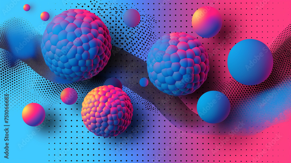 A colorful background with three large spheres and many smaller spheres A colorful background with three large spheres and many smaller spheres