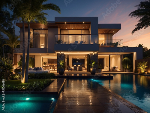 Elegance Aglow, Luxurious Modern House Exterior Illuminated in Evening Splendor.