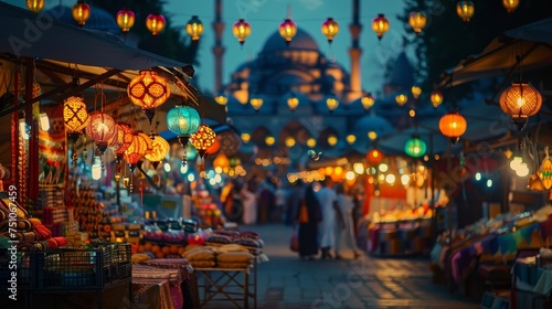 A lively night market in a Middle Eastern bazaar, with glowing lanterns dotting the sky and streets filled with vendors and visitors, showcasing the diversity of culture and commerce. © Riz