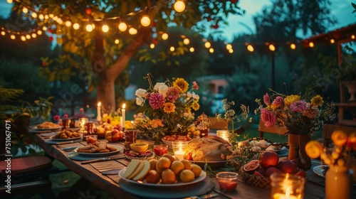 The atmosphere of a dinner party in the garden, decorated with warm lights and floral decorations, offers a great experience