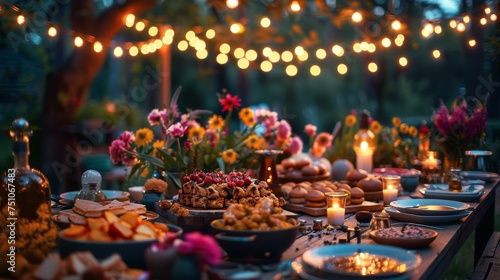 The atmosphere of a dinner party in the garden, decorated with warm lights and floral decorations, offers a great experience