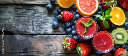 A wooden table is topped with various glasses filled with fruit, including strawberries, blueberries, and kiwi. The glasses are neatly arranged and showcase colorful and refreshing fruit combinations.