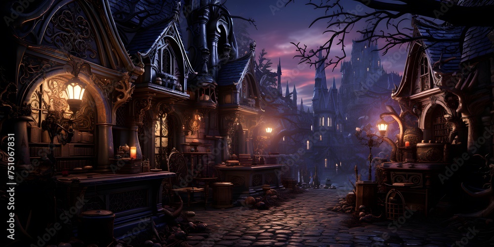 3D rendering of a Halloween night scene with a haunted house in the background