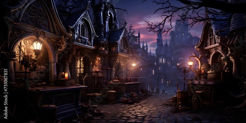 3D rendering of a Halloween night scene with a haunted house in the background