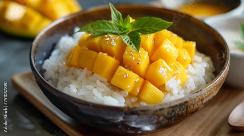 Mango sticky rice: Sweet sticky rice served with fresh mango and coconut milk.Southeast Asia.Ramadan foods. photo