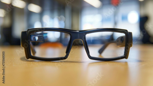 Closeup of the glasses camera which captures and processes realtime images of the users surroundings providing auditory and visual assistance.