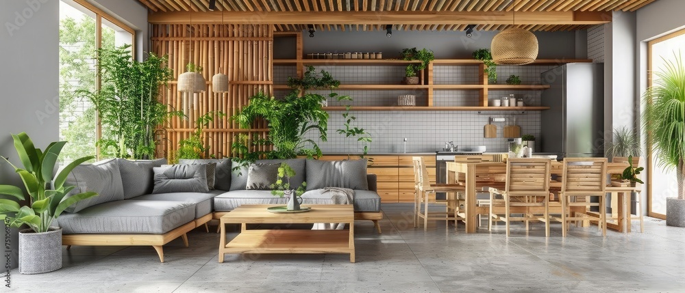 Cosy wooden sustainable living room and kitchen in gray tones with ...