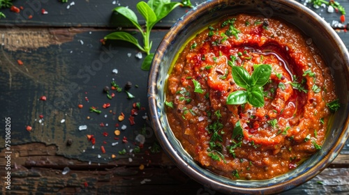 Muhammara: A dip made from roasted red peppers, walnuts, and breadcrumbs, often served with pita bread.Middle East & North Africa.Ramadan foods. photo