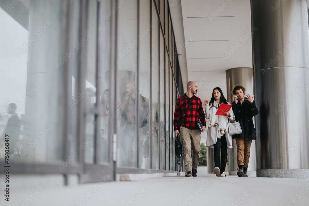 A group of business colleagues discuss work topics as they walk together outside of a modern office building.