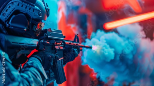 Smoke rising from the barrel of a virtual gun as a player takes aim and fires off a crucial shot in the Silent Assassins eSports Encounter. #751068447