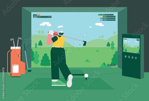 Indoor screen golf driving range background. A back view of a person practicing a golf swing in front of a screen. photo