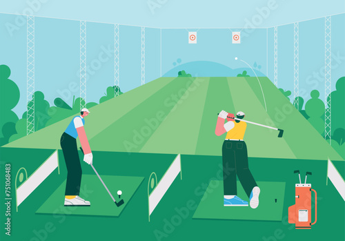 The background of a golf driving range made of a large net. A back view of people practicing their golf swing.