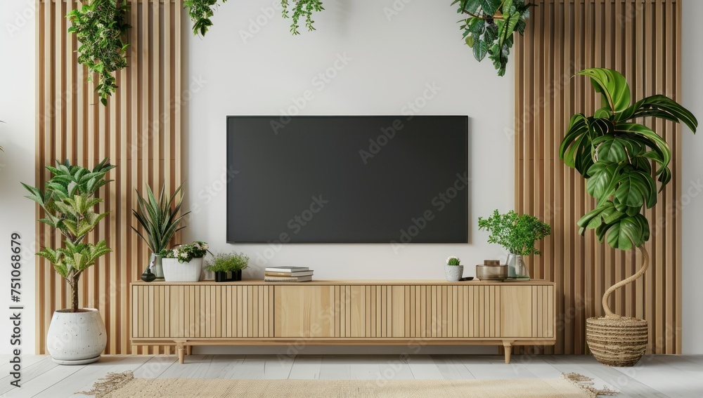 Luxury wall living room, modern flat television on brown wood panel wall, leather sofa, mid century style shelf in sunlight from window for interior design background, tv screen with decoration Luxury wall living room, modern flat television on brown wood panel wall, leather sofa, mid century style shelf in sunlight from window for interior design background, tv screen with decoration
