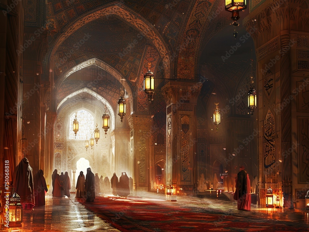 A serene scene of individuals in deep prayer inside a dimly lit mosque, illuminated by the soft glow of hanging lanterns, with intricate Islamic art on the walls.
