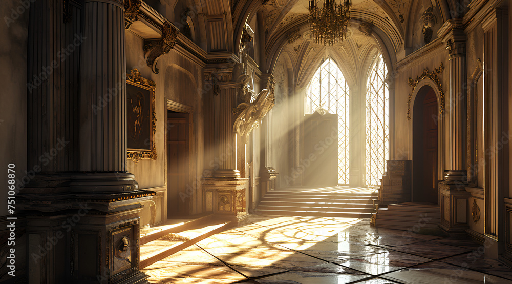 interior of the cathedral while light is coming into the castle, Generative AI