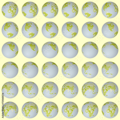 Collection of planet globes. Slanted sphere view. Rotation step 10 degrees. Colored countries style. World map with sparse graticule lines on warm background. Fascinating vector illustration.
