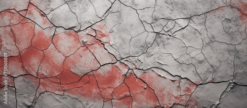 A weathered wall with cracked plaster and peeling red paint, showcasing a distressed and aged appearance. The red hue contrasts against the gray background, revealing a worn and textured surface.