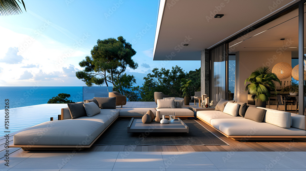 luxury outdoor seating area lounge or terrace with nature panoramic view, fancy modern contemporary architectural landscape decor. generative ai