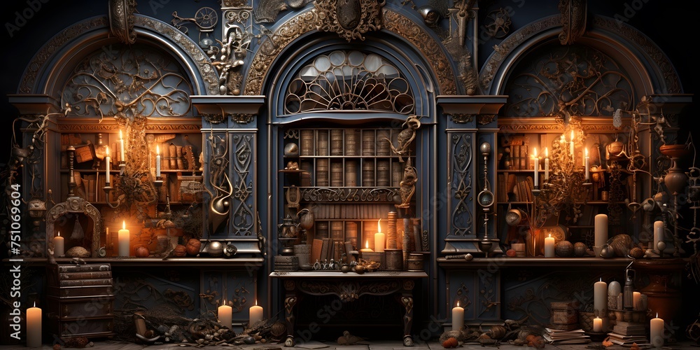 3d illustration of an old fireplace with candles and books in it
