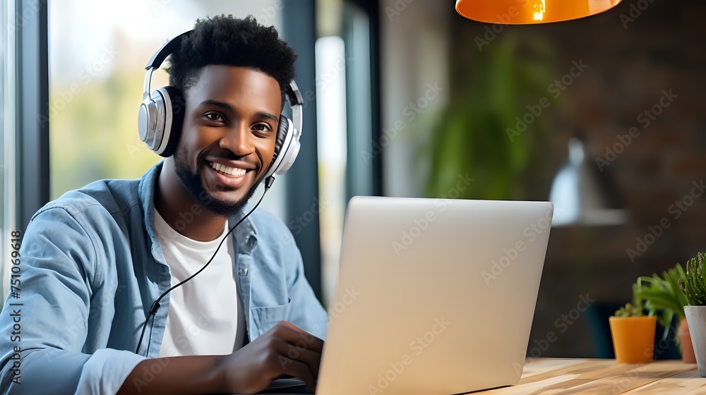 Fototapeta premium A young African American man is sitting at a desk and smiling