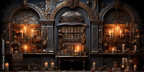 3d illustration of an old fireplace with candles and books in it