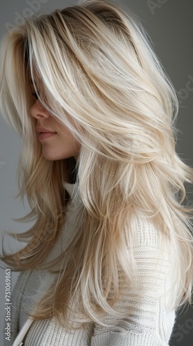 Close-up of a woman with a blonde hairstyle in a long bob cut style with a touch of boldness. Creative and attractive blonde hairstyle in a modern and stylish trend.