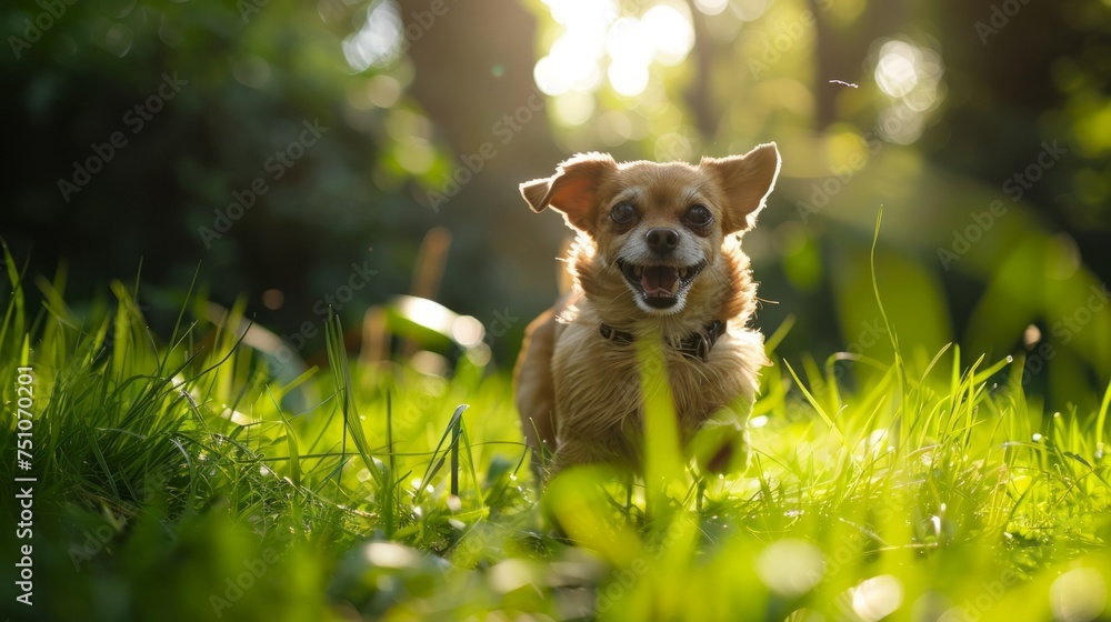 Small Dog Running in Grassy Field
