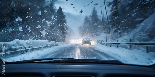 rain on car window, A car is driving on a snowy road with a sign that says " i'm not allowed to drive. ", Partially cleared windshield showing contrast between snow and glass created Generative AI