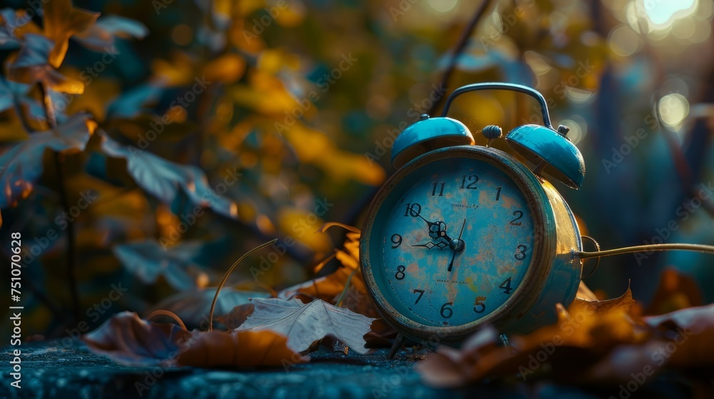 Blue Alarm Clock on Leaves