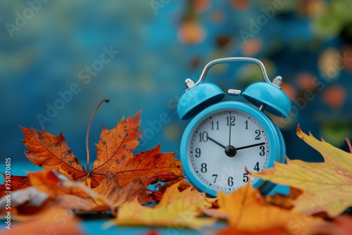 Blue Alarm Clock Resting on Pile of Autumn Leaves