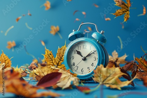 Blue Alarm Clock on Pile of Autumn Leaves