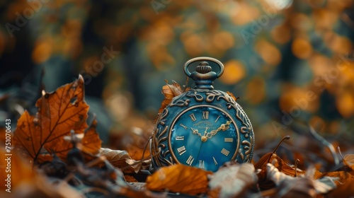 Blue Pocket Watch Resting on Leaves