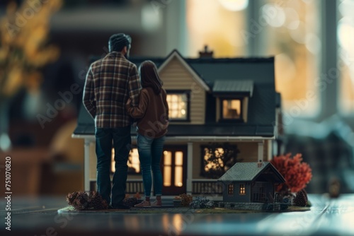 Man and Woman Standing in Front of Model House