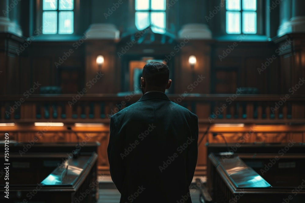 Man Standing in Church, Observing Pews