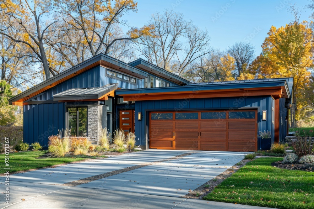 Blue House With Brown Garage Door