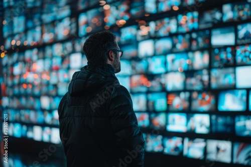 Man Standing in Front of Wall of Television Screens
