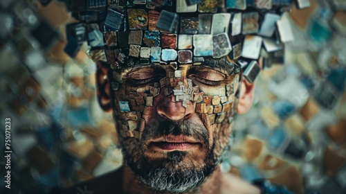 Mans Face Covered in Mosaic Pattern