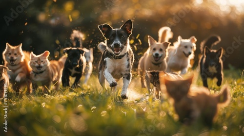 Group of Dogs Running Through Field
