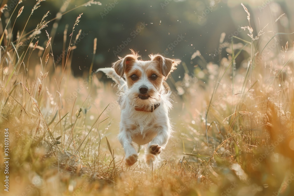 Energetic Dog Running in Tall Grass Field
