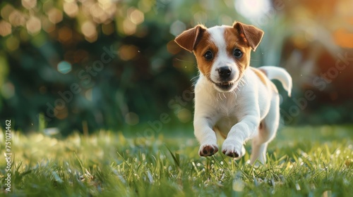 Small Brown and White Dog Running in the Grass