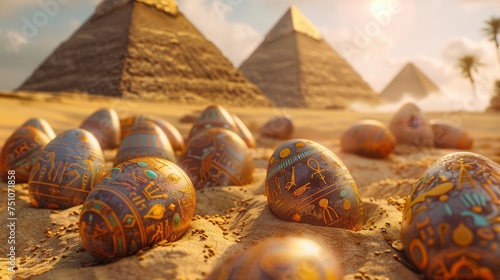An Easter celebration in an ancient Egyptian setting, where eggs are decorated with hieroglyphs and placed in the sand. Pyramids and sphinxes watch over the festival under clear desert skies. photo