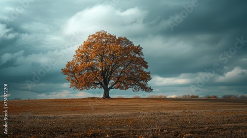 Lone Tree in Field Under Cloudy Sky