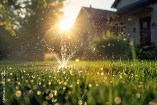Sprinkle of Water on Lawn in Front of House