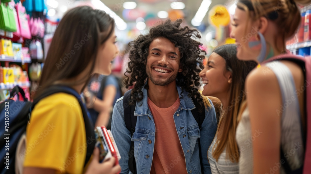 Excited chatter and squeals of delight as friends bump into each other while shopping for school supplies. Excited chatter and squeals of delight as friends bump into each other while shopping for school supplies.