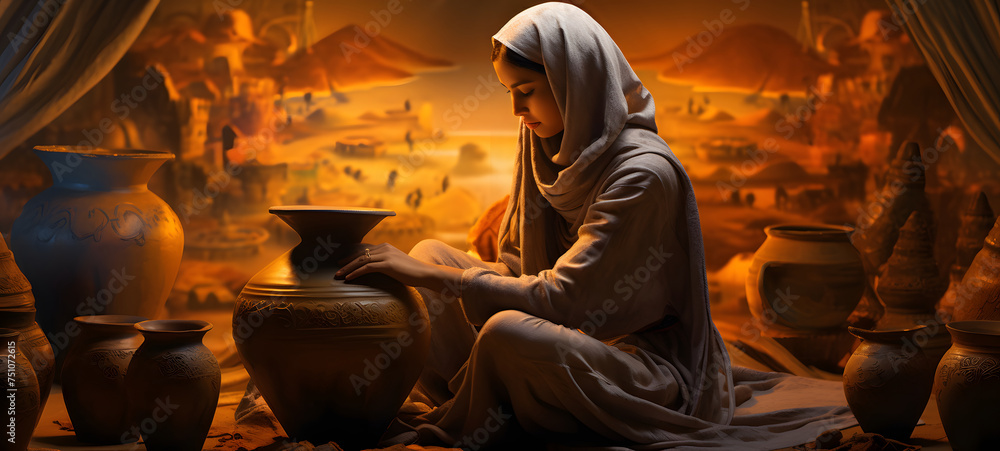 Fototapeta premium woman molding a clay vase on a pottery wheel shaped wallpaper design abstract organic colorful background 20:9, ai generative