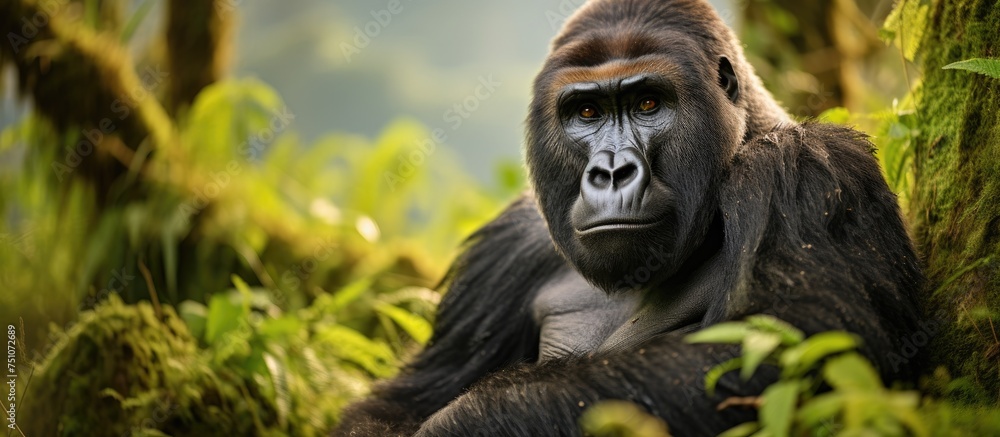 Fototapeta premium A gorilla is seen sitting in the heart of a dense, green forest, holding its foot in a peaceful moment of introspection.